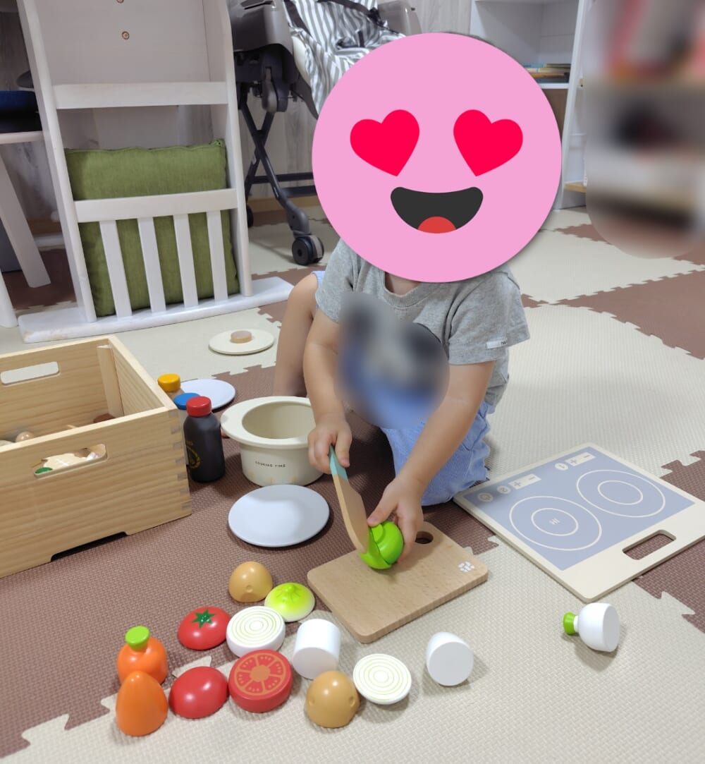 長男が付属の包丁で食材を切っている様子