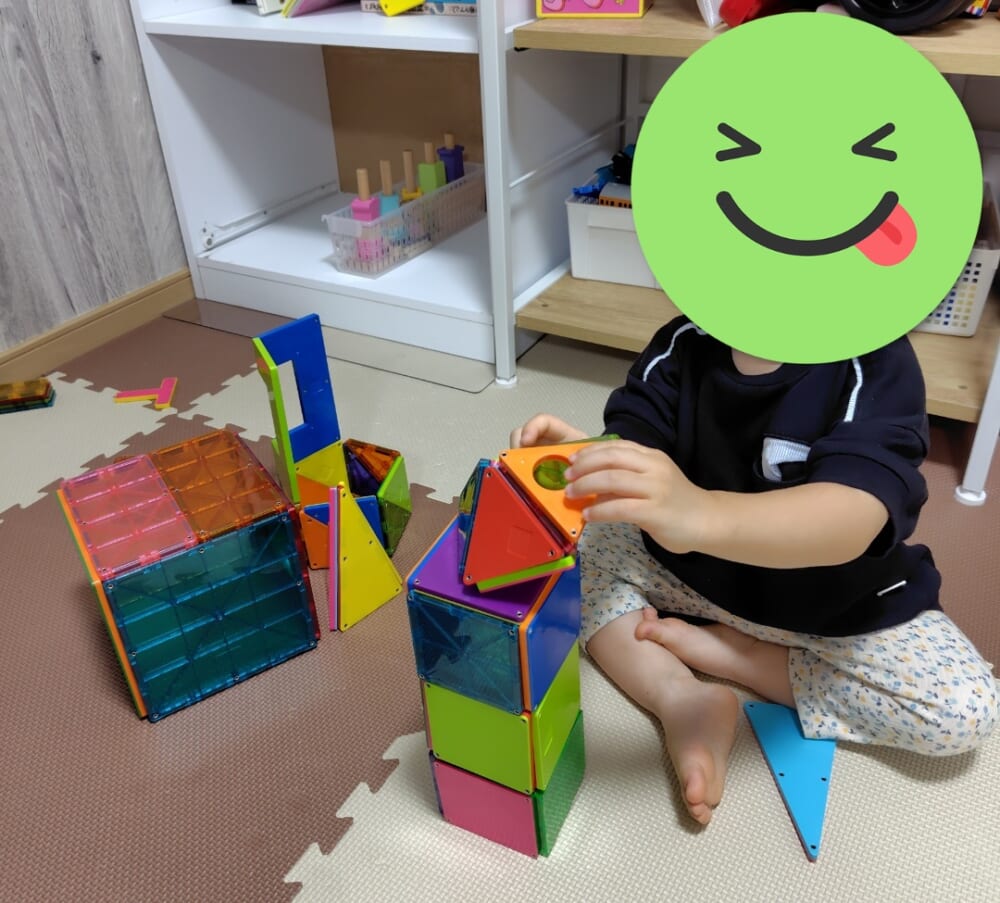 長男が、自分で作ったピタゴラス作品で遊んでいる様子